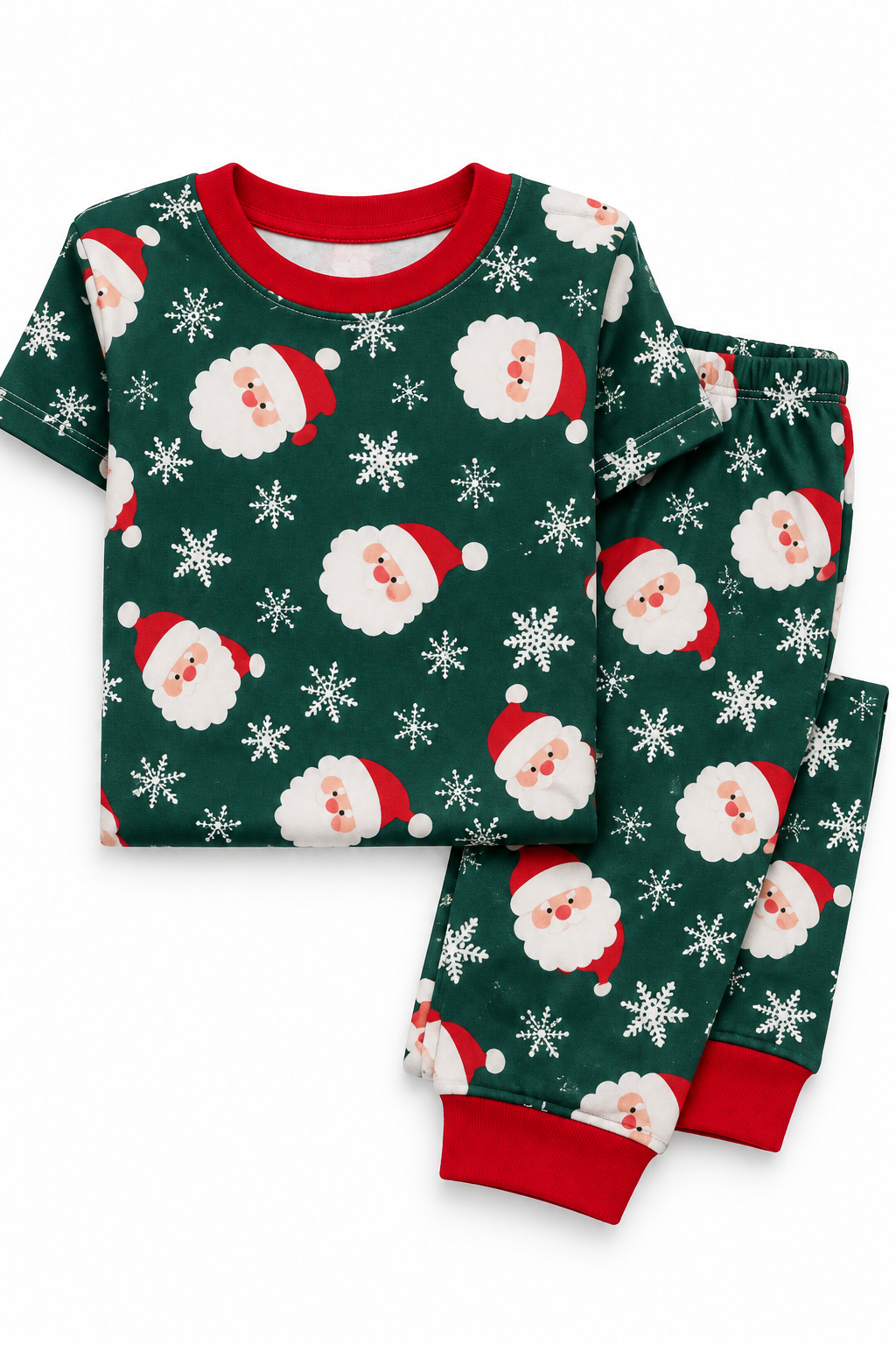 Pijama infantil santa verde doblada, estampado verde con santas y copos de nieve; cuello rojo.