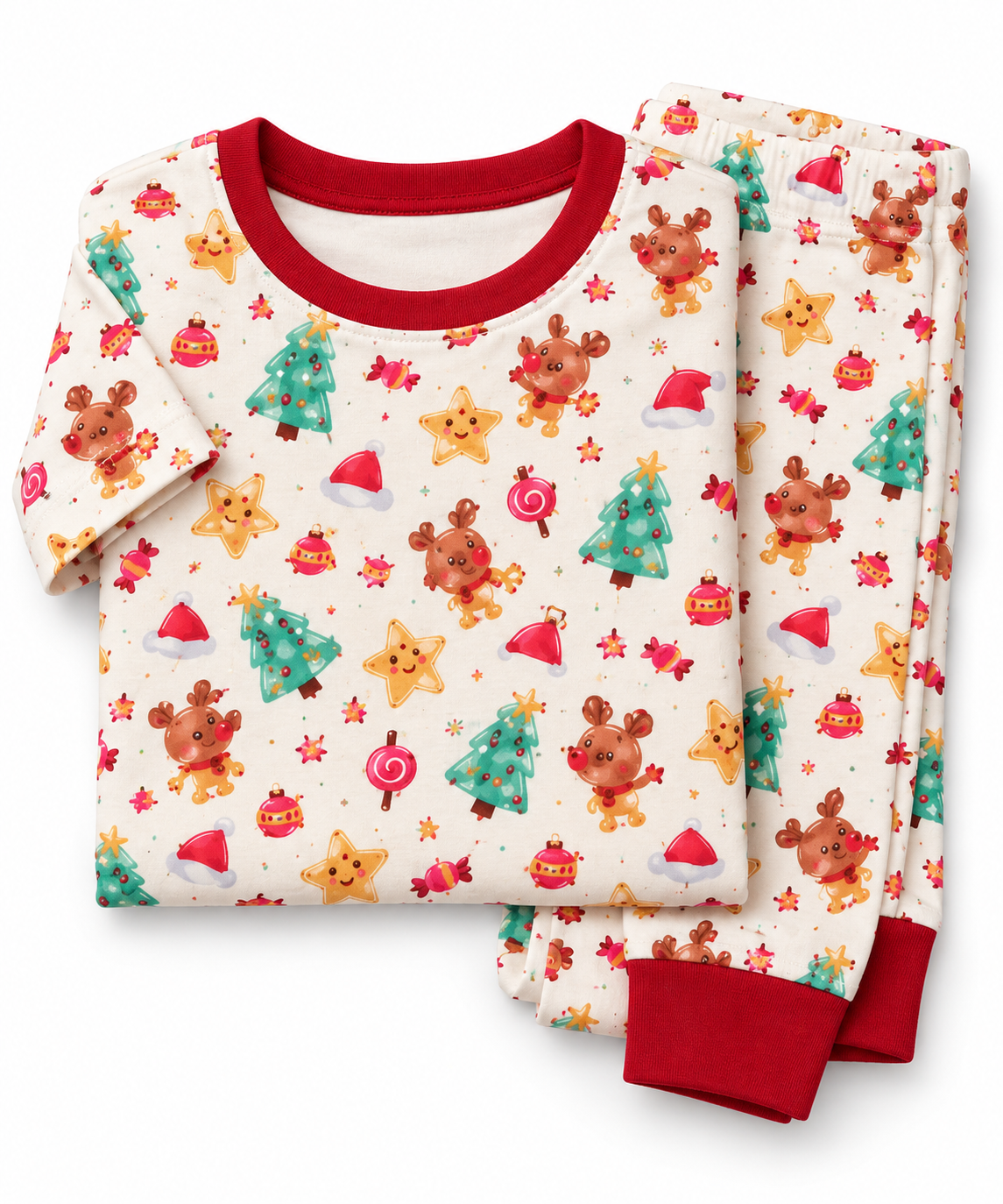 Pijama infantil dulce navidad doblada, fondo claro con renos, estrellas y dulces; cuello rojo.